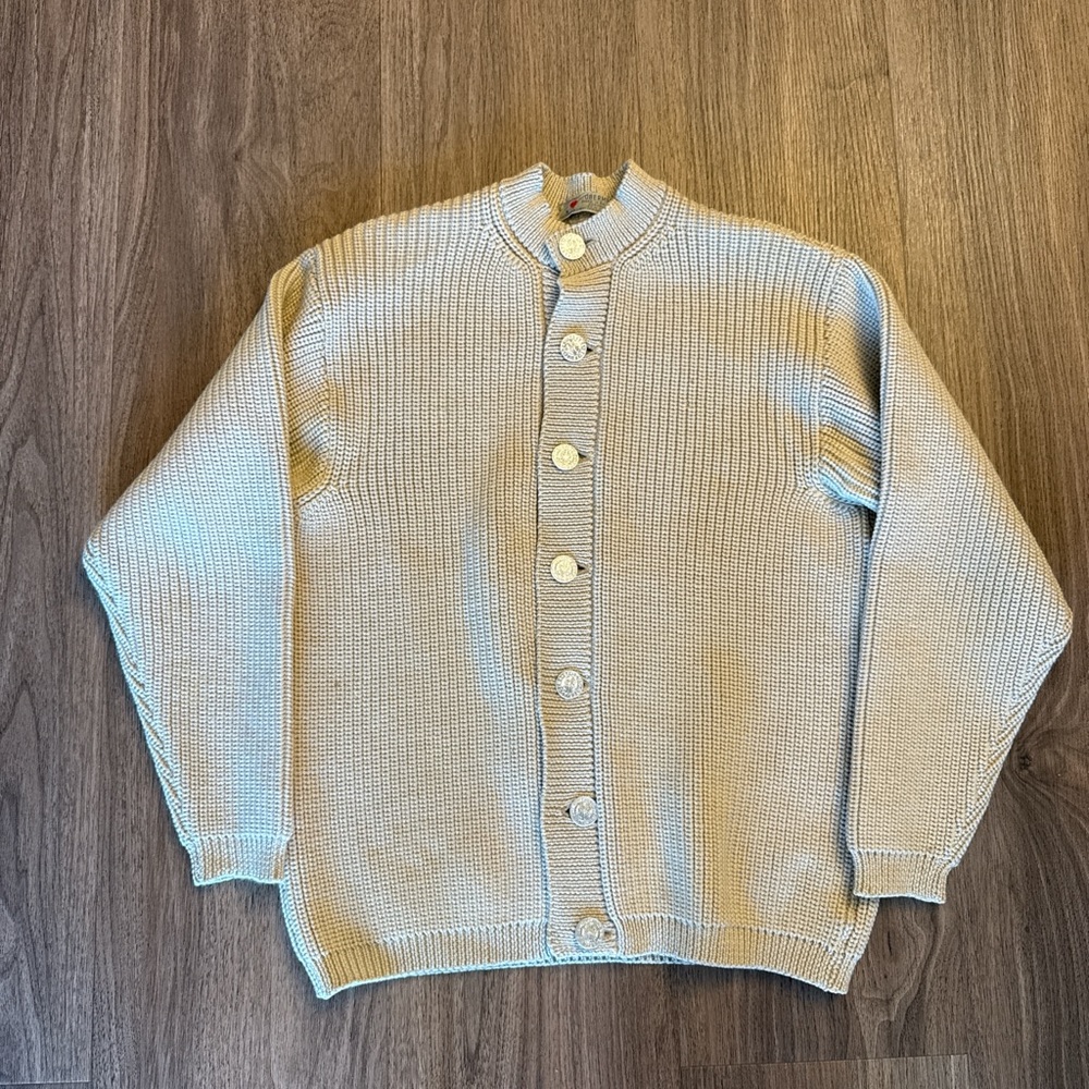 Obermeyer tan 100% wool made in Bavaria Cable Knit eagle Button Cardigan